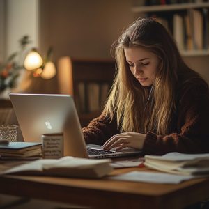 Nurse studying at night on a laptop with textbooks and notes spread across a desk.
