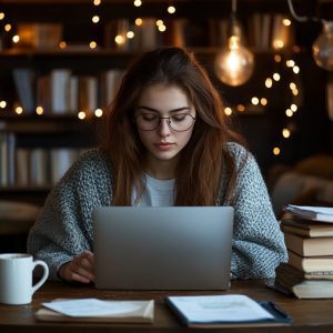 Female college student studying on a laptop at night surrounded by books and notes while preparing for a nursing research exam.