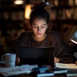 Female nursing student studying late at night with laptop and coffee mug.