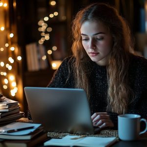 Nursing student reviewing materials on a laptop with textbooks and a coffee mug under soft lighting.