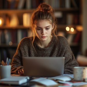 Nursing student studying at night with laptop, open textbooks, and warm lighting in a library setting.