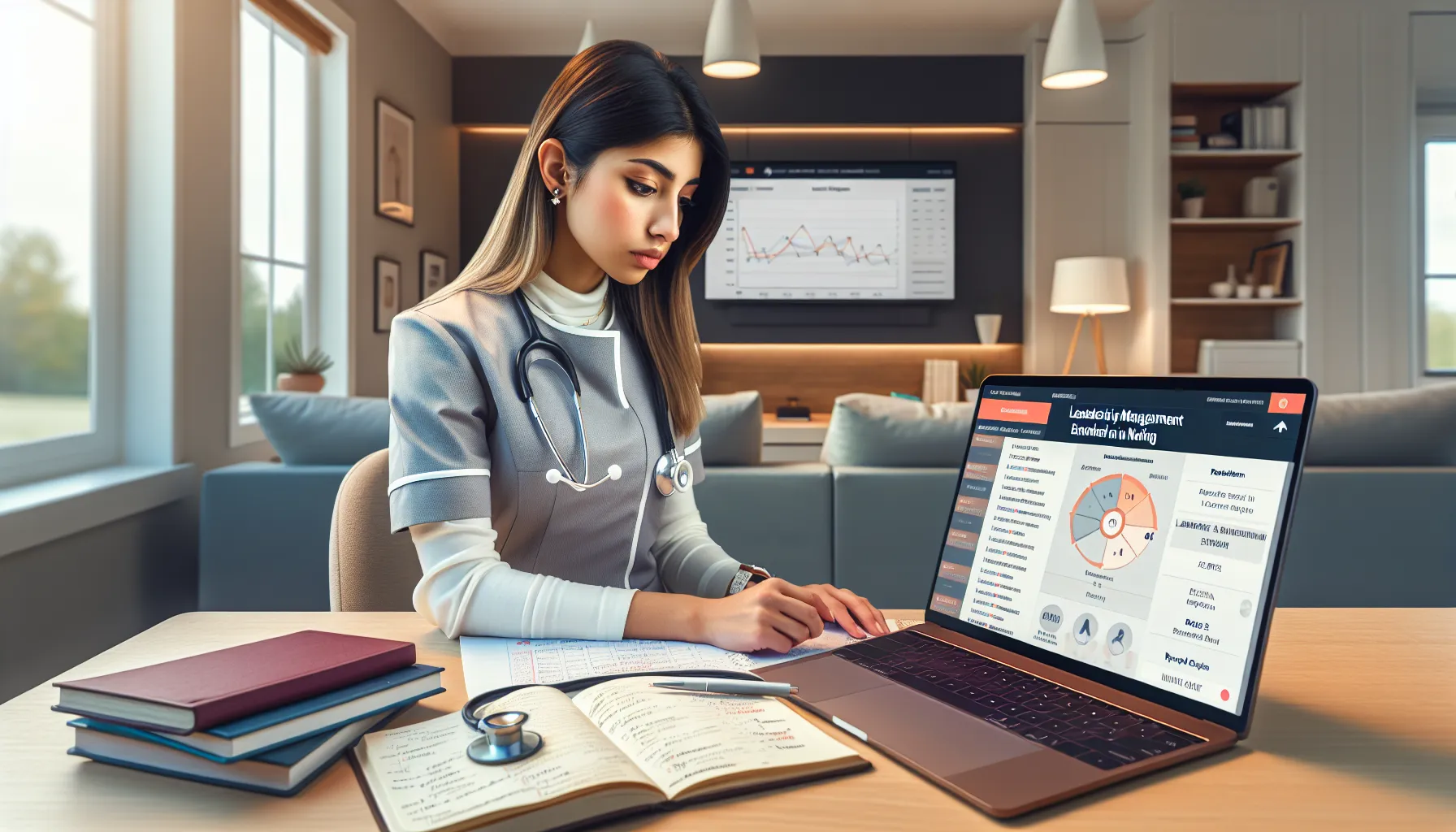 Nursing student in scrubs reviewing leadership and management exam questions on a laptop.