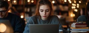 Medical student studying on her laptop for an upcoming Primary Health Care test in a quiet library.