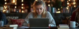 Healthcare professional studying on a laptop in a warmly lit lounge with books and study materials on the table.