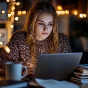 Nursing student studying Maternity and Newborn care topics on a laptop in a cozy study space.
