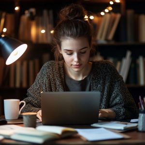 Focused nursing student studying Obstetrics topics on her laptop in a quiet library.