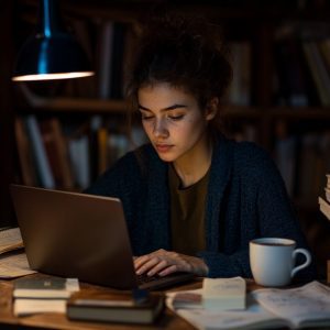 Nursing student studying on a laptop at a wooden desk with books, notes, and a coffee mug under warm lighting.