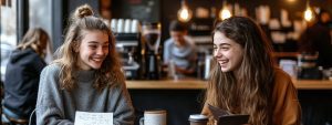 Two college students sitting at a café reviewing notes and discussing exam material with coffee cups on the table.