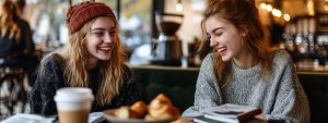 Two college students sitting at a café table smiling and reviewing notes together before an exam.