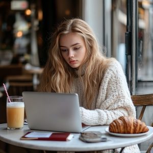 Student studying for a Public Health test in a café with coffee and notes on the table.