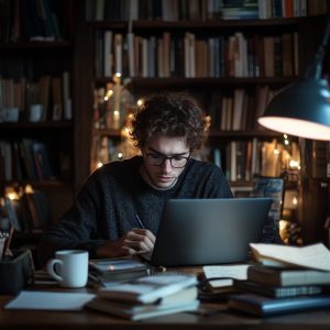 Male nursing student working on laptop surrounded by books in a study room.