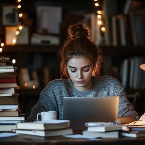 Focused nursing student working late to complete her Geriatric Nursing coursework on a laptop.