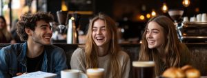 Three college students sitting together in a café laughing and discussing notes with notebooks and coffee cups on the table.