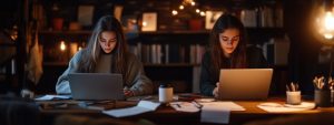 Two nursing students studying together on laptops, preparing for a Public Health test.