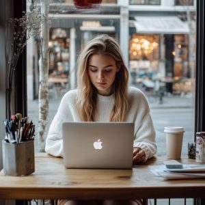 Nurse practitioner student studying on a laptop at a café table with notebooks and a coffee nearby.