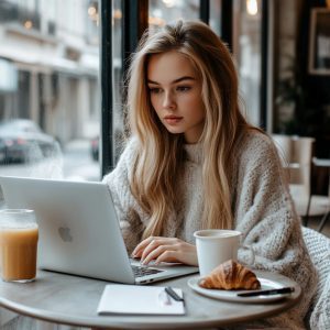 Focused medical student preparing for her Anaesthesiology exam in a café with coffee and laptop.